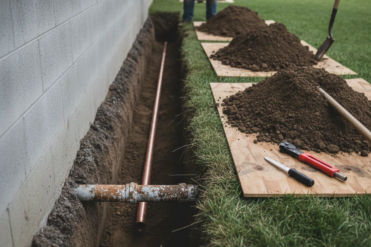 Excavated water line trench during Water Heater Repair in Monett